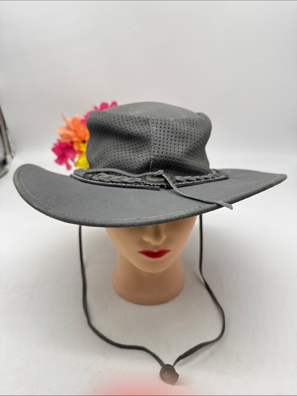 Wide Brim Perforated Faux Leather Outback Hat - Gray XL